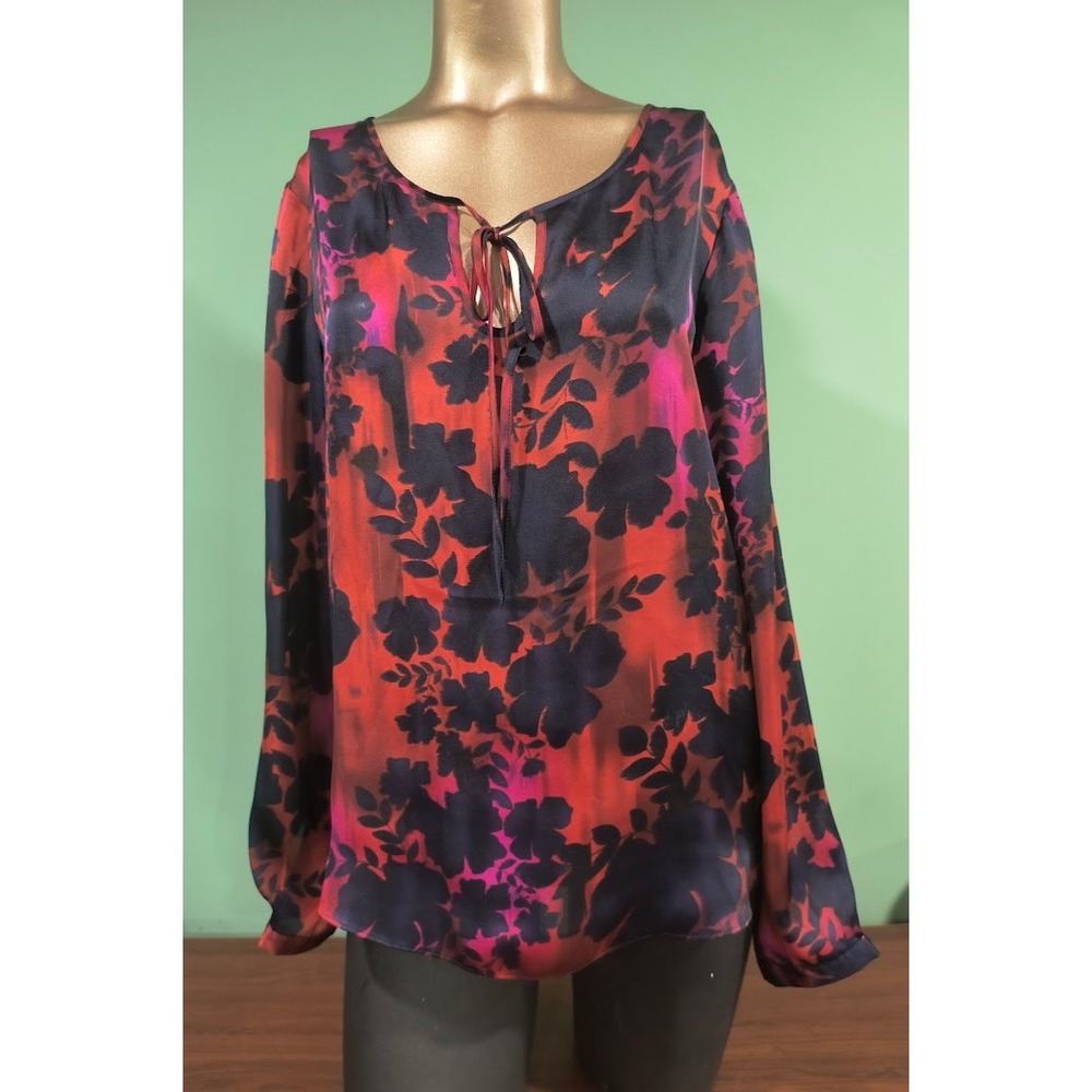 Velvet by Graham & Spencer Orange Pink Floral Satin‎ Keyhole Tie Blouse Small